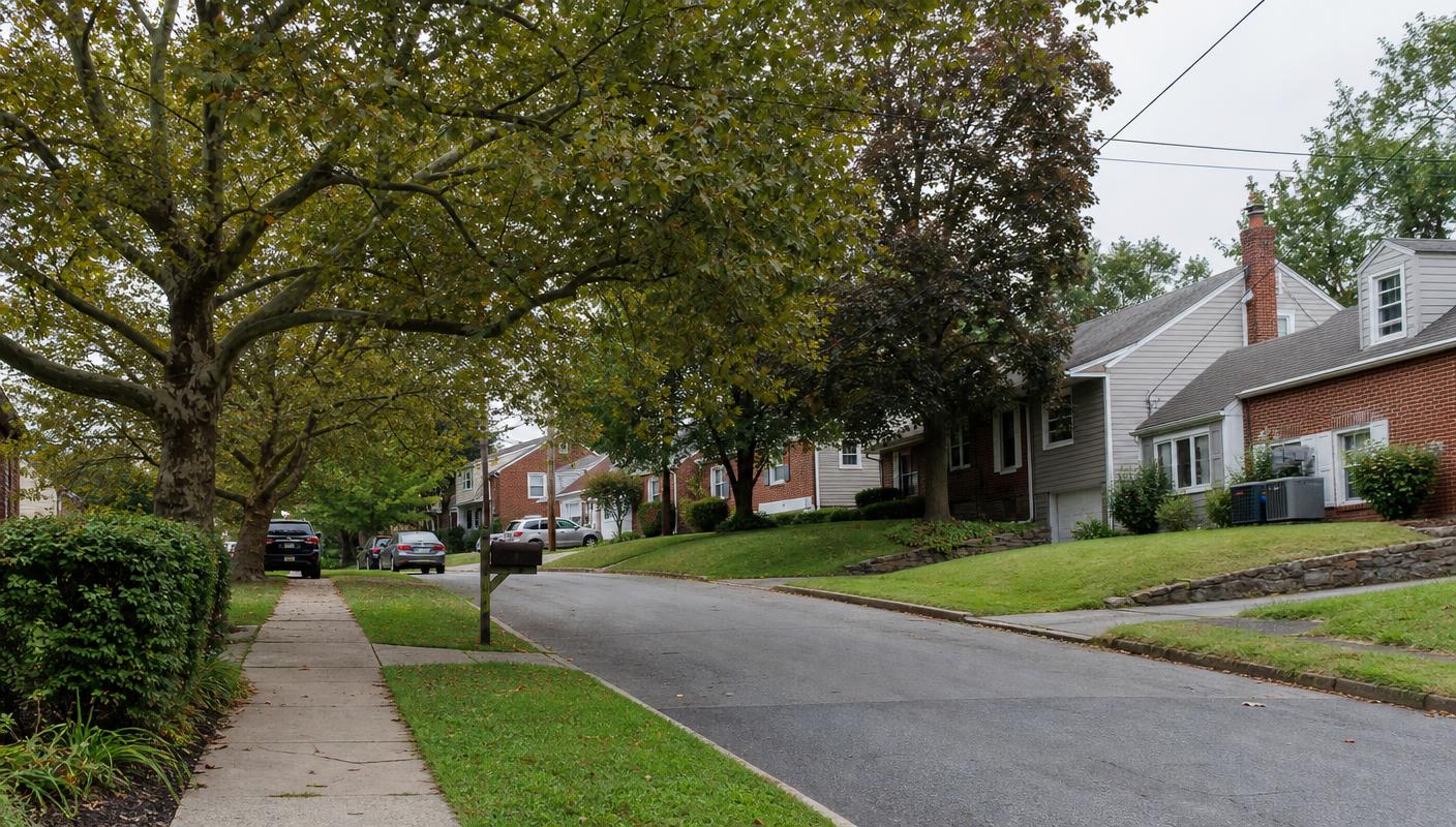 Tree-lined suburban neighborhood in Montgomery County, Pennsylvania, served by Summit Air Home Services.