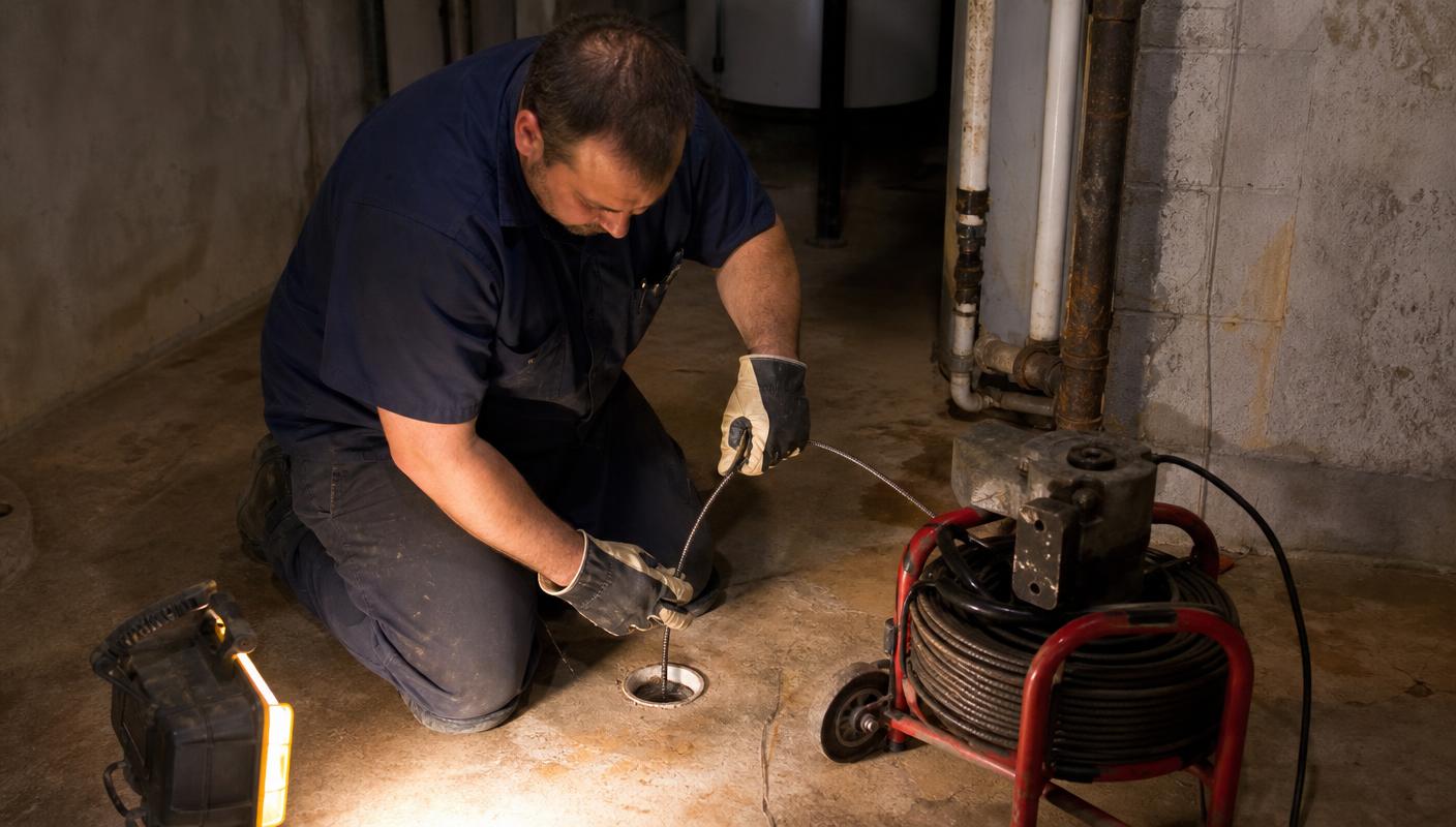 Technician feeding a drain auger cable into a basement floor cleanout.