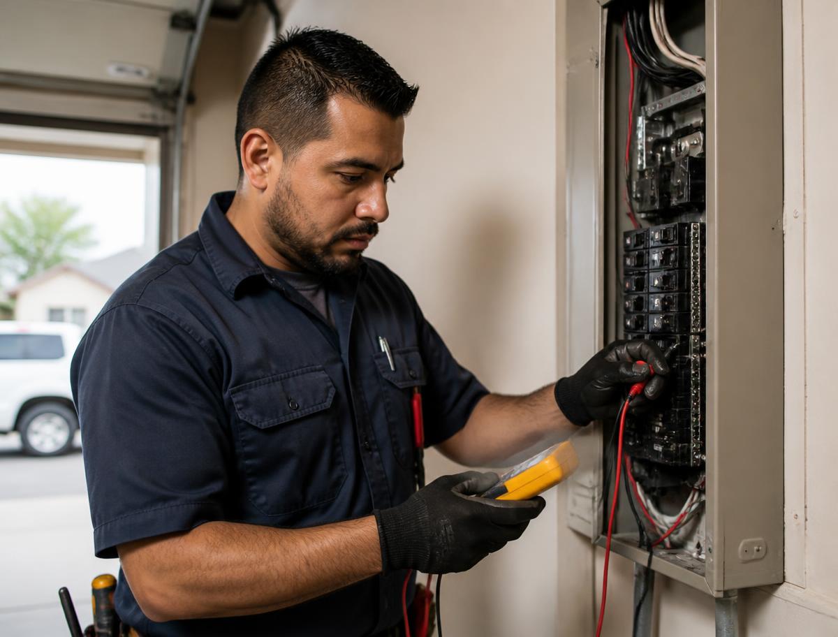 Electrician testing circuits at an open residential breaker panel in a garage.