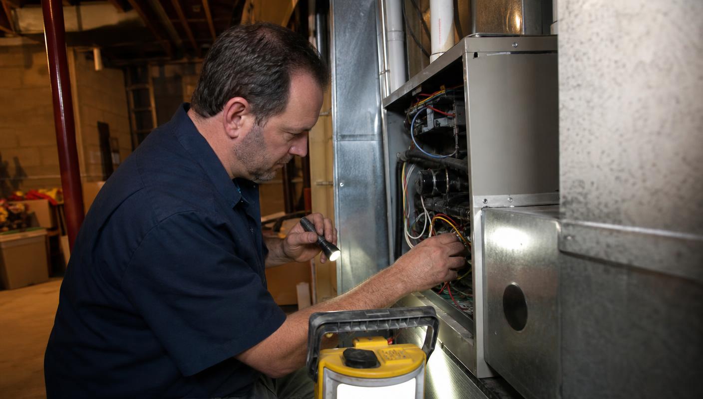 Technician inspecting the burner assembly of a residential gas furnace with a flashlight in a basement.