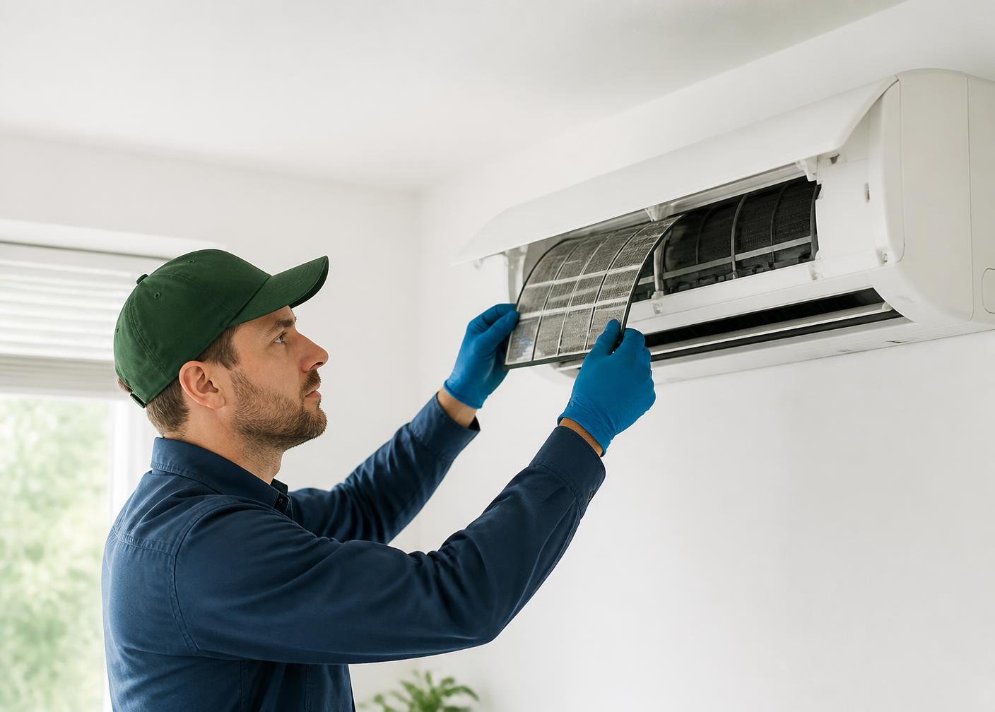 Technician replacing an air filter during a routine HVAC maintenance visit.