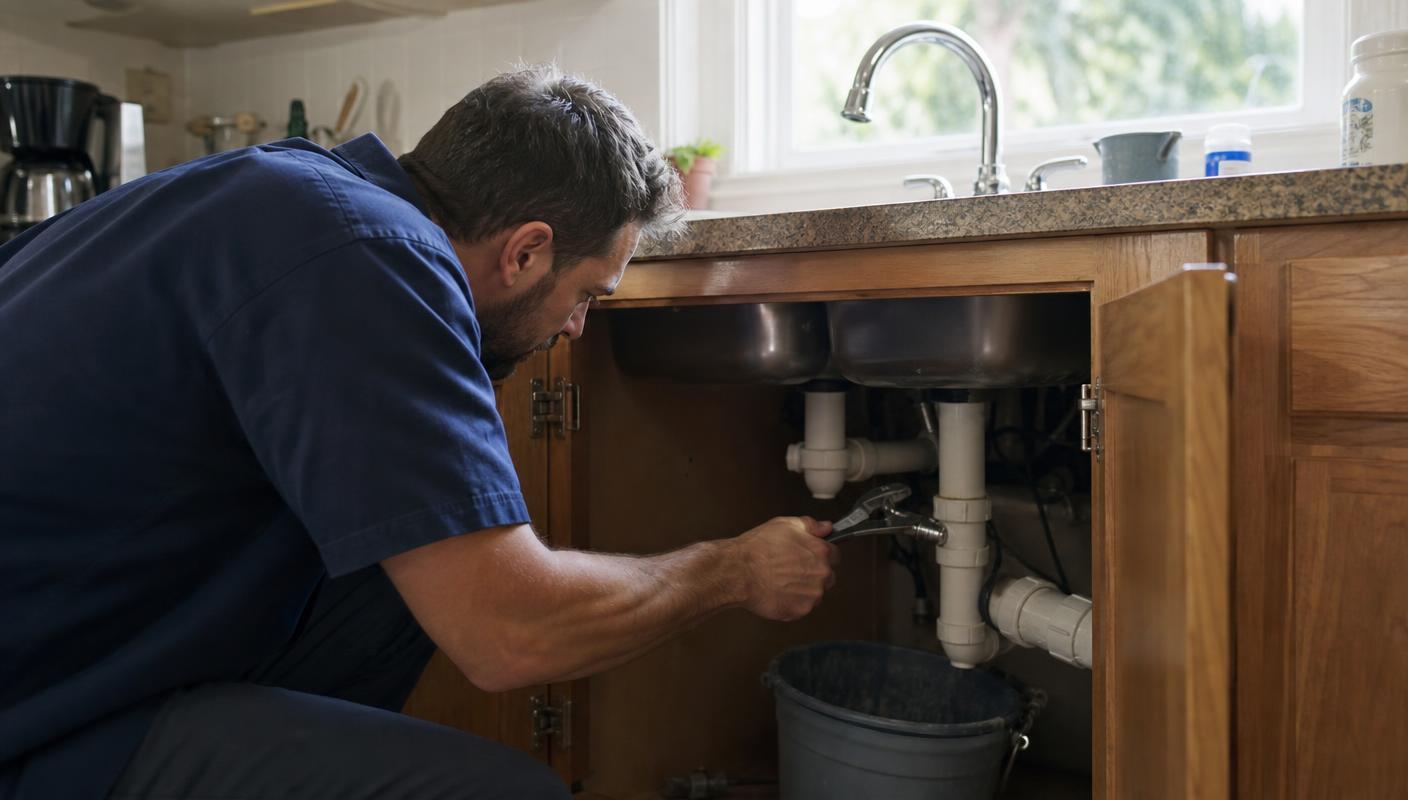 Plumber repairing the drain trap under a residential kitchen sink.