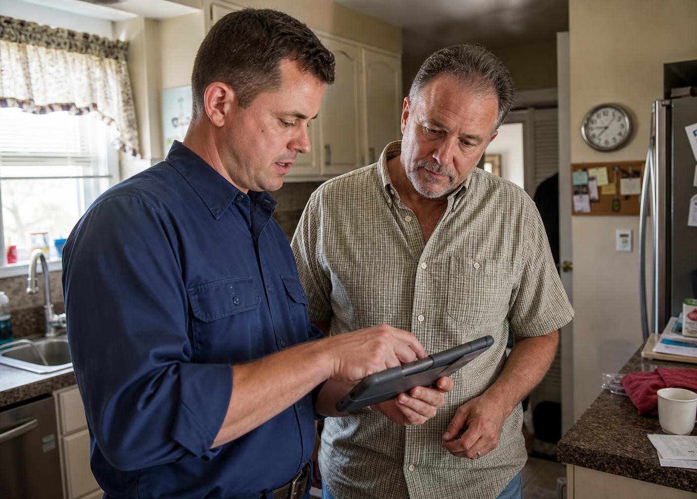 Summit Air technician showing a homeowner diagnostic results on a tablet in a suburban Pennsylvania kitchen.